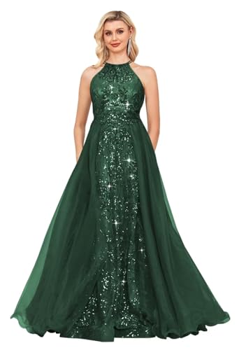 Halter Sequin Prom Dresses for Women Plus Size Ball Gown with Cape Sparkly Evening Gowns Emerald Green Size 14