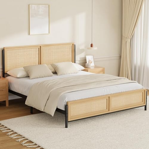 SLEKVERSA Rattan Bed Frame Full with Natural Headboard, Boho Bed Platform Frame with Metal Slats...