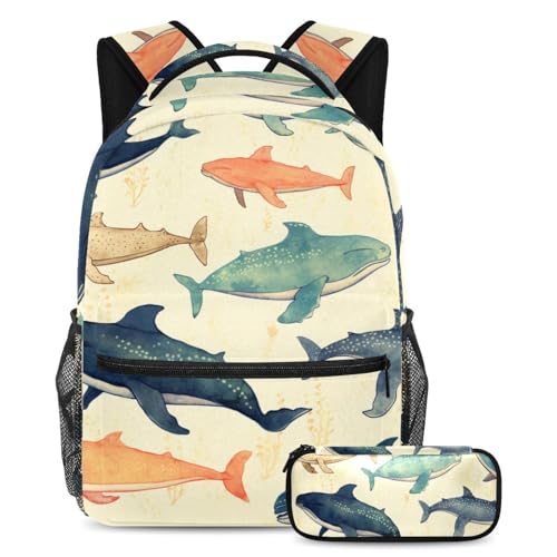 Sac à dos baleine peint à la main grand format avec trousse assortie pour écoliers