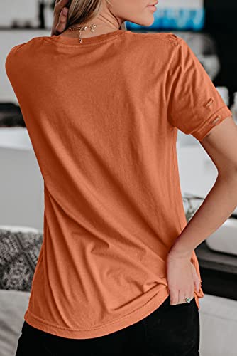 Elapsy Womens Casual T Shirts Short Sleeves Skiss Print Distressed Loose Round Neck Basic Tops Printed Blouse Tee Orange #TOP2