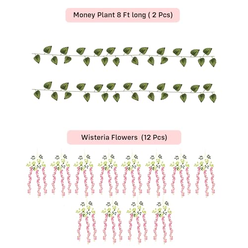 Image of Party Propz Pink Wisteria Artificial Flowers for Decoration Hanging -12Pc(3.6ft), Ganpati Decoration Setup For Home, 2Pcs 8ft Leaves, varamahalakshmi decorative items, Krishna Janmashtami, Haldi Decor