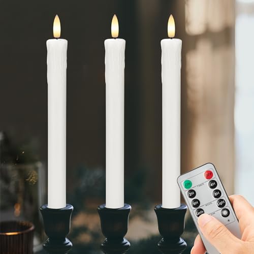 Image of Dripless Flameless Taper Candles with Rmote, 9.6 inch Real Wax Battery Operated Candles with 3D Wick, 3 Pack Led Candle Flickering Candlesticks for Home, Wedding, Party, White
