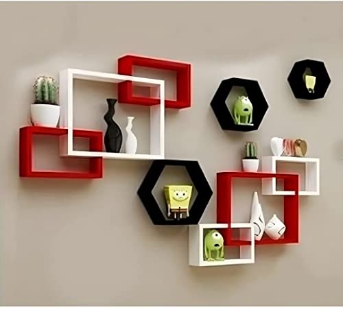 Image of Wooden handicrafts Dazzling Wall Rack Shelves Set MDF -Medium Density Fiber Home Decoration Wall Decor Home Decor (Red Black White, Hexa Interlock)