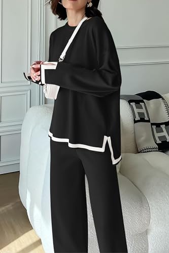 PRETTYGARDEN Women\'s 2 Piece Knit Sweater Set Casual Long Sleeve Pullover Wide Leg Pants Sweatsuit Tracksuit Outfit (Black,Medium) - Thumbnail 4
