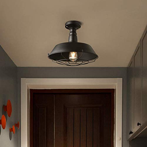 Ladiqi Industrial Rustic Semi Flush Mount Ceiling Light Barn Metal Cage Mounted Pendant Lighting Black Farmhouse Dome Kitchen Lamp Fixture For Foyer Garage Entryway Porch #TOP1