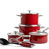 El juego de utensilios de cocina incluye: cazuelas de 20 cm y 3,7 l y 24 cm con tapas, cacerolas de 16 cm y 18 cm con tapa, bigote y cuchara