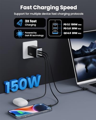 150W USB C Ladegerät, 3-Port GaN IV Tech USB C Netzteil PD+PPS 100W Schnellladegerät mit Laptop Ladegerät Mehrfach USB Charger Power Adapter für MacBook Pro/Air, iPad, iPhone 16/15 und Samsung usw