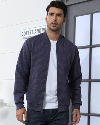 Image of YuKaiChen Mens Lightweight Bomber Jacket Casual Plaid Jacquard Varsity Jacket Coat with Zipper Pockets