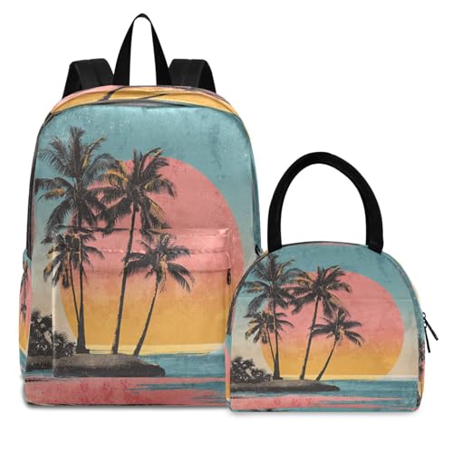 MCHIVER Island Sunset Red School Backpacks for Boys & Girls Light Weight Bookbag set with Lunch Box Back Packs for School Work 2 Pcs 16.5 Inch