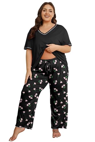 Image of Vozanet Women's Plus Size Pajama Sets Short Sleeve Long Pants Solid Color with Piping Trim Elegant Loungewear Cozy Sleepwear