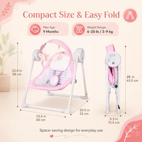 Image of Baby Swing SpaceSaver Ultra-Compact Foldable Infant Swing (Fits in 5.3 inch Gaps!) 6 Speed Modes | Portable Newborn Swing for Travel /Car /Picnic (0-6M, 6-20lbs Pink)