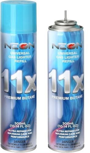 NEON Butane Fuel Refill, 11X Ultra-Refined, 300ml Premium Lighter Fluid with Metal Nozzle for Refillable Jet Flame Lighters, Torches, and Culinary Use, 2 Cans
