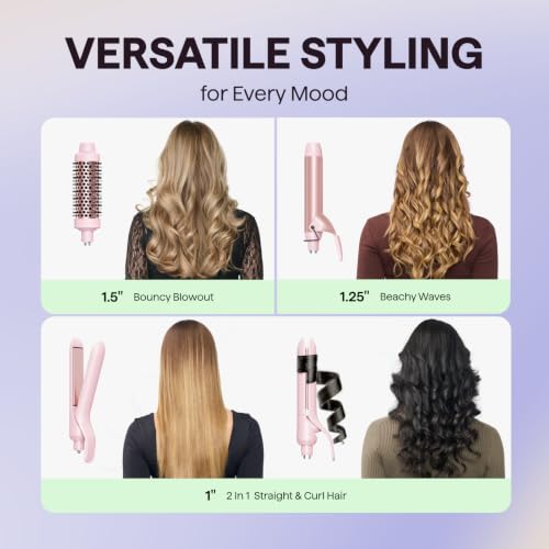 Image of Wavytalk 3 in 1 Curling Wand Set, Multi Curl, Heated, Round Brush Curling Iron Set, Smooth Iron Hair Straightener, 1 1 /4 inch Curling Iron, Dual Voltage Curler (Pink)