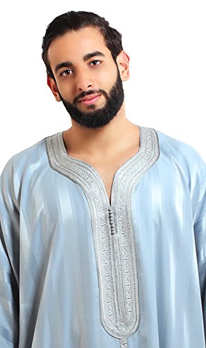 Moroccan Men Caftan Handmade Gandoura Cotton Blend Delicate Embroidery Grey #TOP1