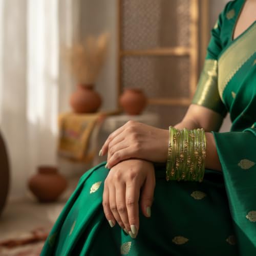 Image of SUNDRAM Women's Premium Fancy Glass Bangles for Women & Girls |with Zircon Gemstone Work & Charm| Traditional Ethnic Bangles Set of 12
