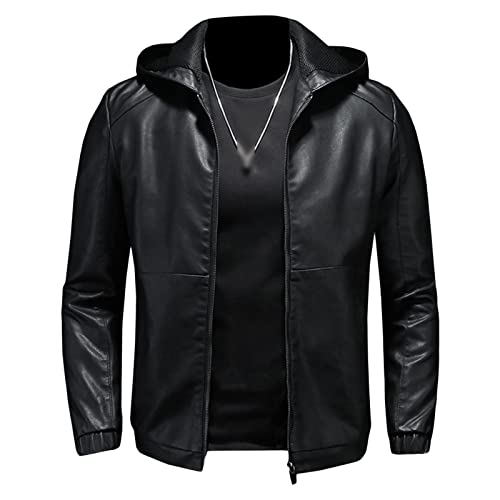 Chaqueta casual con capucha de cuero sintético negro para hombre miniatura 1