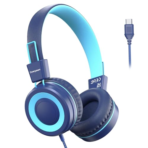 Cowyawn USB Type C Kids Headphones for School, Wired Toddler Headphones, 94dB Volume Limited, HD Stereo Sound, Foldable Lightweight On-Ear Wired Headphones for Kids/Children/Teens/Boys/Girls