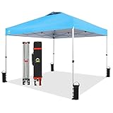 CROWN SHADES 10x10 Pop Up Canopy, Patented Center Lock One Push Instant Popup Outdoor Canopy Tent, Newly Designed Storage Bag, 8 Stakes, 4 Ropes, Sky Blue