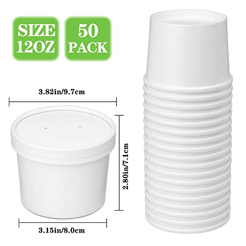 Image of 50 Pack 12oz White Soup Cups with Lids Disposable Paper Ice Cream Cups | Vented Paper Dessert Cups with Lids Hot Soup Cups Microwavable and Freezer Safe To Go Bowls with Lids for Hot, Soup Ice Cream