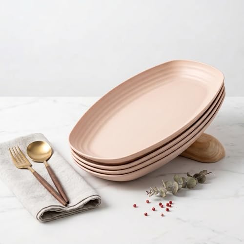 Image of Eco Friendly Dinner Plates Set of 4 Unbreakable Microwave Safe 29cm Oval Stone Beige Wheat Straw Bamboo Fiber Platters Perfect Lightweight Dishware for Camping Picnic Parties & Daily Use