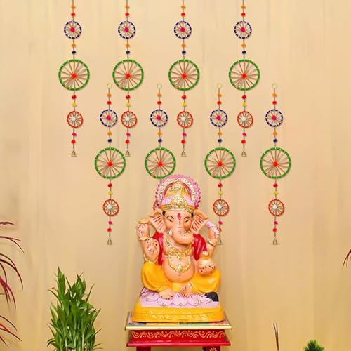 Image of eCraftIndia Multicolor Rings with Pom-Pom Tassels Bell Hangings (Pack of 8) Toran for Home Decor-Ganesh Chaturthi, Navratri, and Diwali Decoration Items