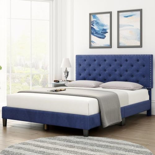 Image of Julius Upholstered Bed Queen Size Without Storage Solid Sheesham Wood | Modern Premium Fabric Upholstery Cushion Headboard | Queen Bed for Bedroom Wooden Double Bed Cot 78x60 Inch Queen