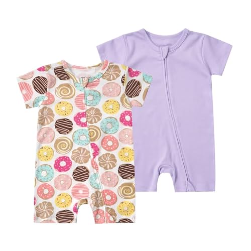 Image of Teach Leanbh Unisex Baby 2 Pack Pajamas Cotton Short Sleeve 2 Way Zipper Printing Soild Romper Jumpsuit Sleep and Play