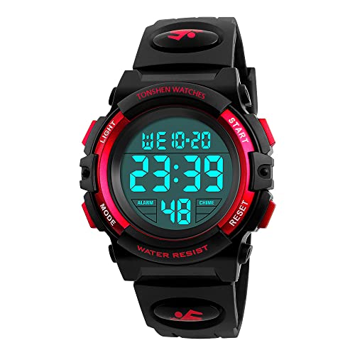 TONSHEN Femmes Enfants Garçon Fille Digital Sport Etanche Montre Plastique Lunette et Caoutchouc Bande LED Electronique Outdoor Tactique Militaire Quartz Montres Bracelet Grand Numérique - Petit Rouge