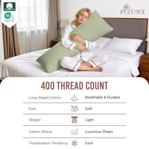 Image of Pizuna 100% Cotton Long Body Pillow Case 400 Thread Count Light Sage