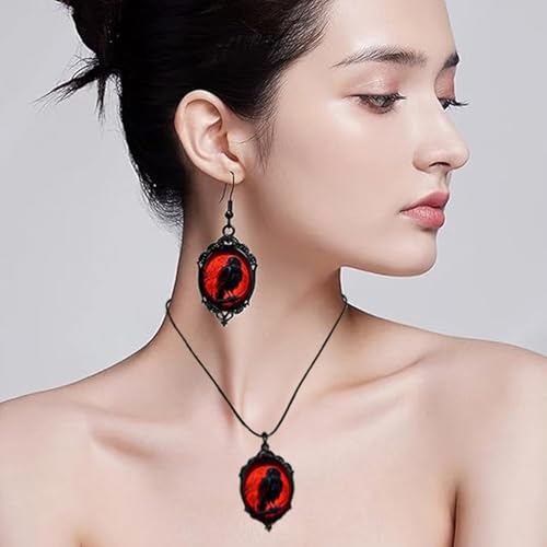 Halloween Jewelry for Women Halloween Necklace Earrings Set Vintage Gothic Raven Bat Witch Glass Cameo Earrings Punk Style Victoria Bat Witch Necklace Gothic Jewelry Accessories Gifts for Women3
