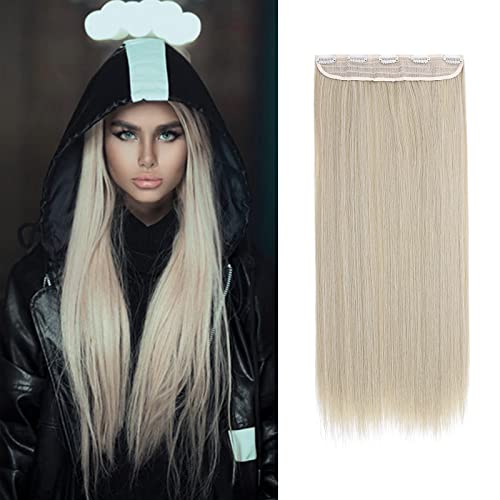 Benehair Clip in Hair Extension for Women Ash Blonde Mix Bleach Blonde Seamless Double Weft Long Straight One Piece 5 Clips Extensions Half Full Head Hair Piece 26" Fashion Wedding Party Events