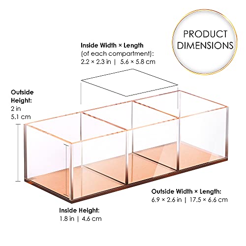 Elavain Clear Acrylic Desk Organizer With Metallic Rose Gold Base, 3 Compartment Makeup Organizer, Bathroom Accessories Holder & Office Supplies Desktop Organizer For Q Tips, Lipstick Or Craft Storage #TOP2