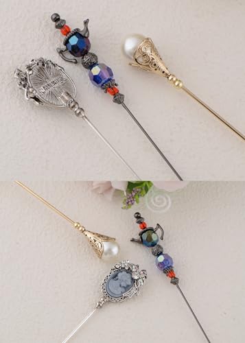 Image of Alilang Magic Lamp Pearl Lady Camo Rose Heart Rhinestones 3Pcs Vintage Long Handle Hat and Lapel Pins with Flexible Bendable Design