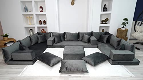 Anthracite Color U Shaped Velvet Floor Seating, Velvet Cushions, Floor Couches, Moroccan Livingroom Home Decor, Arabic Majlis, Sleeping Sofa (U Sofa + Ottoman + Pillows) #TOP3