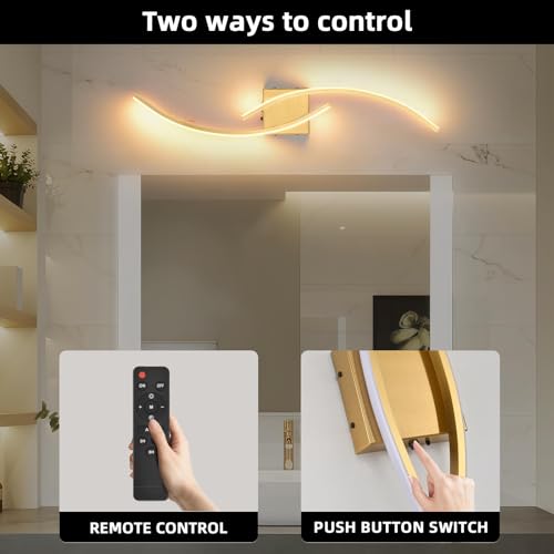 Image of Battery Operated Wall Sconce Set of two, 3000K-6000K LED Dimmable Battery Wall Sconces with Remote Control, USB Rechargeable 31.4 inch gold Wireless Wall Lights for Living Room, Bedroom, Staircases