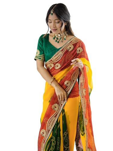 Image of Satrani Women's Georgette Bandhani Printed Embroidered gota lace Saree with Unstitched Blouse Piece