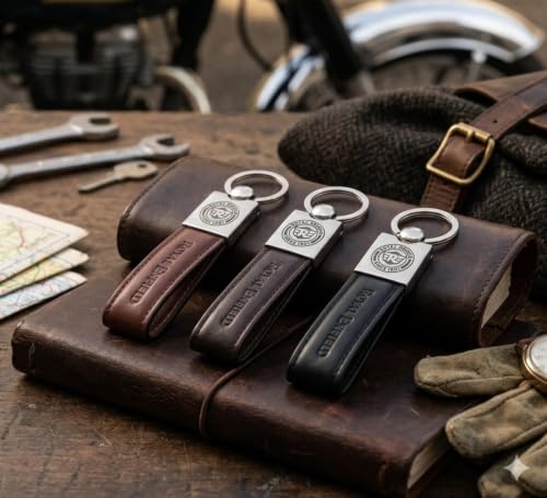 Image of Leather Strap Keychain, Embossed Logo Design, Durable Premium Key Ring for Bike Lovers & Gift Use