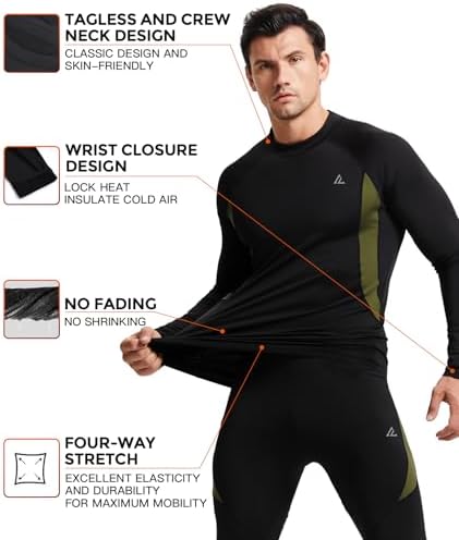 CL convallaria Thermal Underwear for Men, Long Johns Winter Hunting Gear Sport Base Layer Top and Bottom Set Midweight Black L