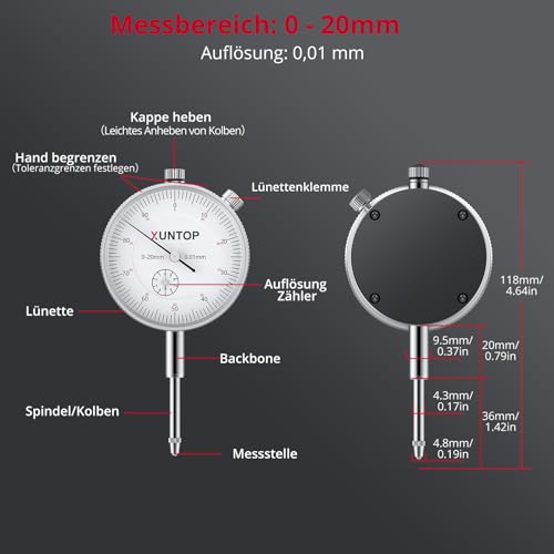 XUNTOP Präzisions Messuhr mit Magnetfuß 0,01mm Genauigkeit, 0-20 mm Messbereich,Mechanische Anzeige,132lbs/60kg, Mit Feineinstellknopf Ideal für Industrieanwendungen