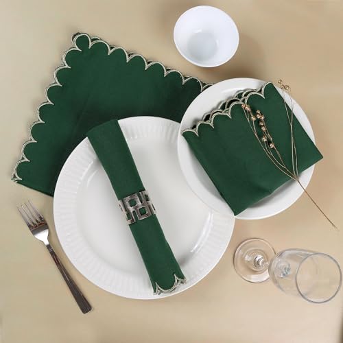 Image of FINGERCRAFT Scallop Edge Cloth Napkins | Set of 6 | 20x20 Inches | 100% Cotton | Table Napkins for Any Occasion | Washable, Perfect for Parties and Everyday Use (Eden Green Slub, Set of 6)