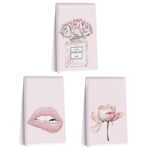 Image of 3 Pcs Pink Hand Towels, Perfume Flower Decor Reusable Dish Towels