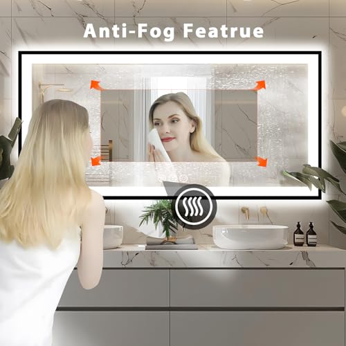 60x28 Bathroom LED Mirror, Black Aluminum Edge Lighted Mirror, 3 Colors Stepless Dimmable Vanity Mirror, Skincare, Anti-Fog, Shatter-Proof, ETL Listed, Memory Smart Mirror(Horizontal/Vertical)