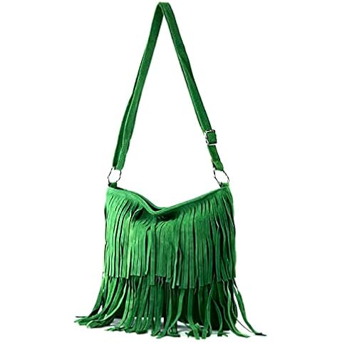 Modarno Shoulder bag with suede fringes - women's suede shoulder bag, Emerald Green Cover