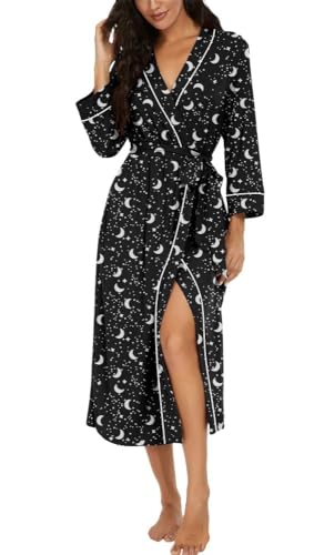 Image of PrinStory Women Dressing Gowns Causal Kimono Robes Long Bathrobe Soft Womens 3/4 Sleeve Ladies Loungewear (Black Star Moon, M)