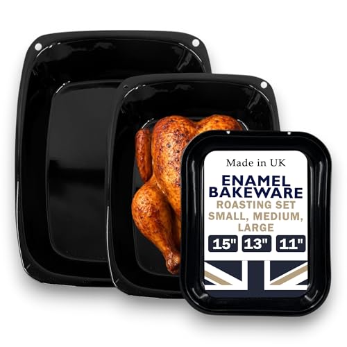 Great British Bakeware Vitreous Enamel Roasting Tray Set - 28, 33, 37cm Baking & Roasting Tray, Heavy Duty Vitreous Enamel Bakeware, Cookware Set, Made in England, Scratch Resistant
