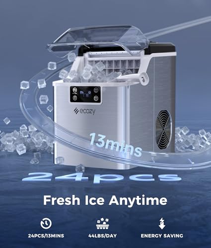 Image of ecozy Portable Ice Cube Maker Countertop, 45 Lbs /Day, Self-Cleaning | Makes 24 Ice Cubes in Just 13 Mins, Perfect for Home, Kitchen, Bar, Office and RV, Stainless Steel