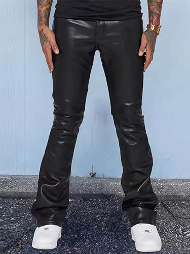 GORGLITTER Men's Casual Stacked PU Leather Flares Pants Wide Leg Skinny Motorcycle Biker Pants4
