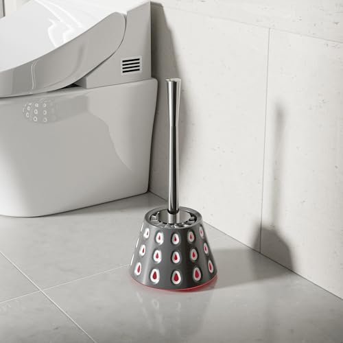 Image of Aesthetic Toilet Brush and Holder | Decorative Bathroom Accessory with Modern Tri-Color Pattern Design | Discreet Enclosed Caddy | Sturdy PP Bristles | Heavy-Duty Base | (Volcanic Gray /White /Red)