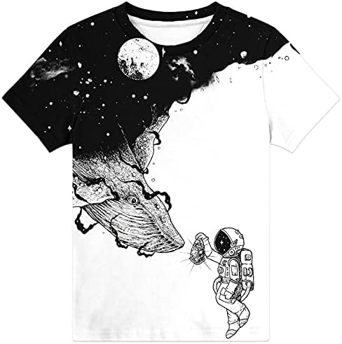 Hgvoetty Boys Shirts Unisex 3D Kids Graphic Tees Black and White Space T-Shirts for Children 11-13 Years