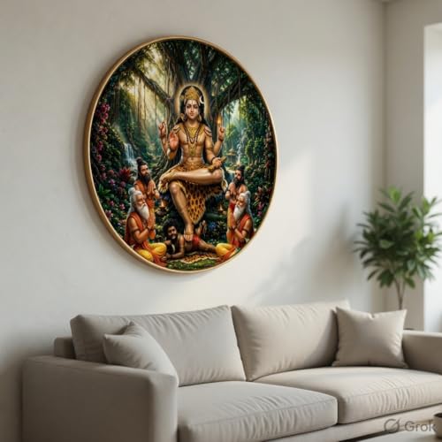 Image of SAF Sri Dakshinamurthy Wall Art with PVC Round Frame | Sparkle Laminated Guru Form of Lord Shiva Teaching Sages Painting | Spiritual Wall Decor for Home Temple Study Room Office Gift